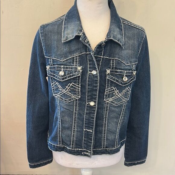 Earl Jeans Classic Blue Denim Jacket with faux diamond buttons Size M EUC - Picture 1 of 8